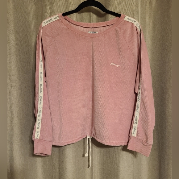 Hurley Pink Velour Long Sleeved Drawstring Cropped Top - Picture 1 of 6